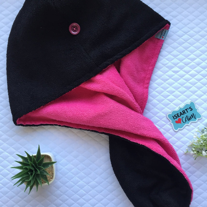 Toalha Turbante Dupla Face Microfibra Preto/Pink
