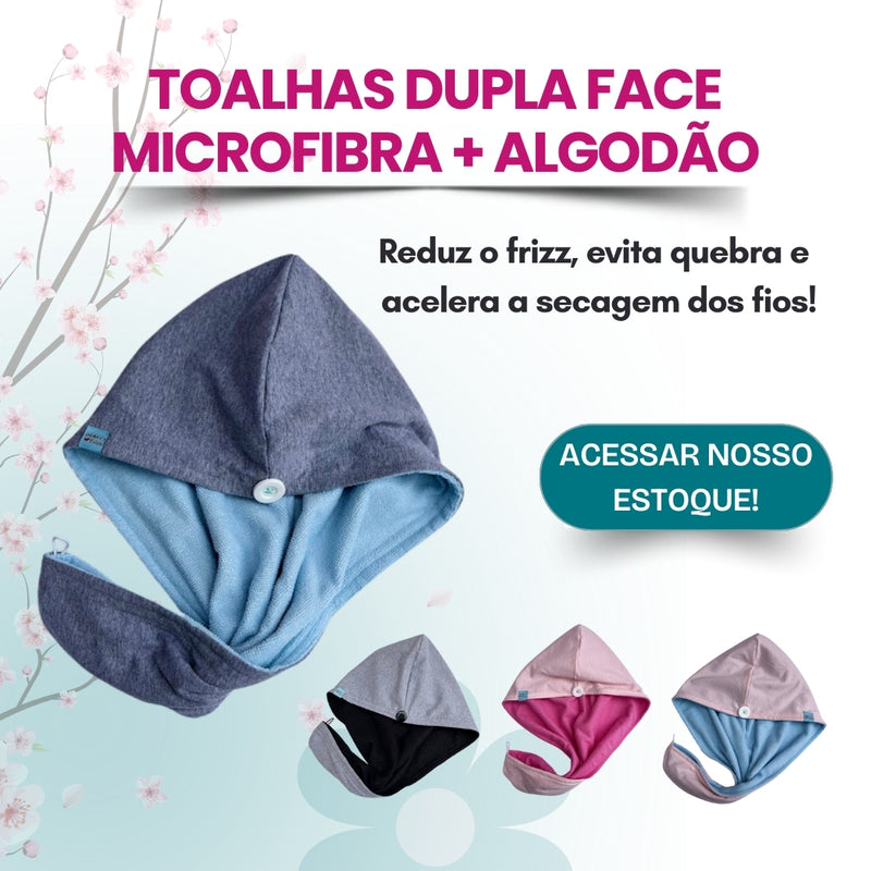 Toalha de Cabelo Dupla Face Microfibra + Algodão | Secagem Rápida | Antifrizz | Pós-Banho
